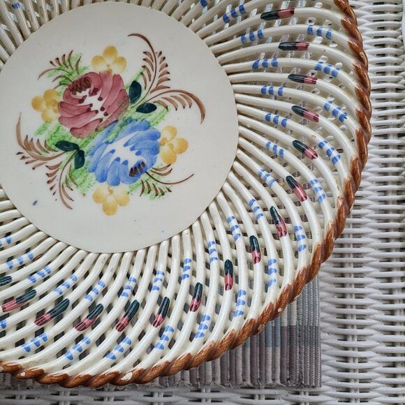Vintage Reticulated Lattice Decorative Ceramic Bowl Hand Painted Made In Spain - Picture 3 of 15